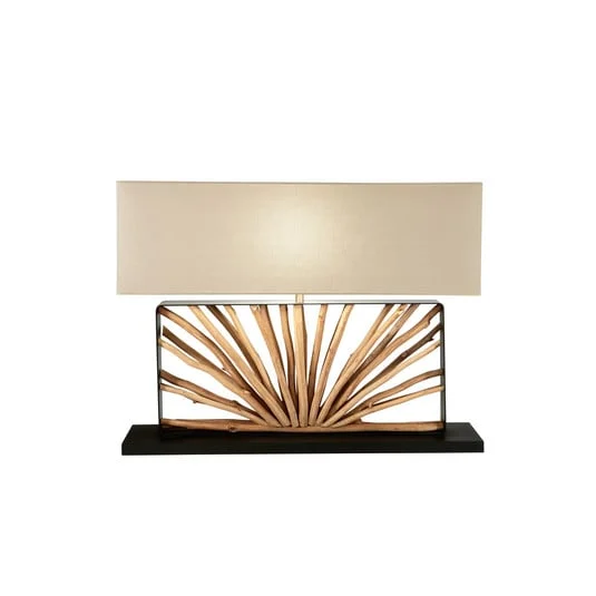 Lámpara de mesa ETHERNAL negra/madera/blanca, ancho 80 cm, madera/tela