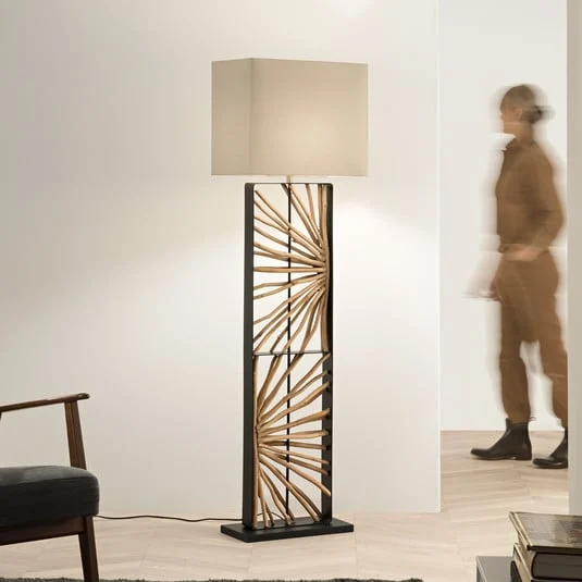 Lámpara de pie ETHERNAL negro/madera/blanco Altura 165 cm Madera/tela