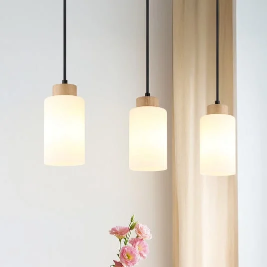 Lámpara colgante Rowena, madera clara/blanca, cristal, 3 luces, E27