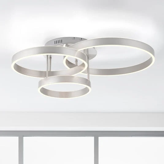 Plafón LED Lilluti, plateado, hierro, aluminio, 3 anillos