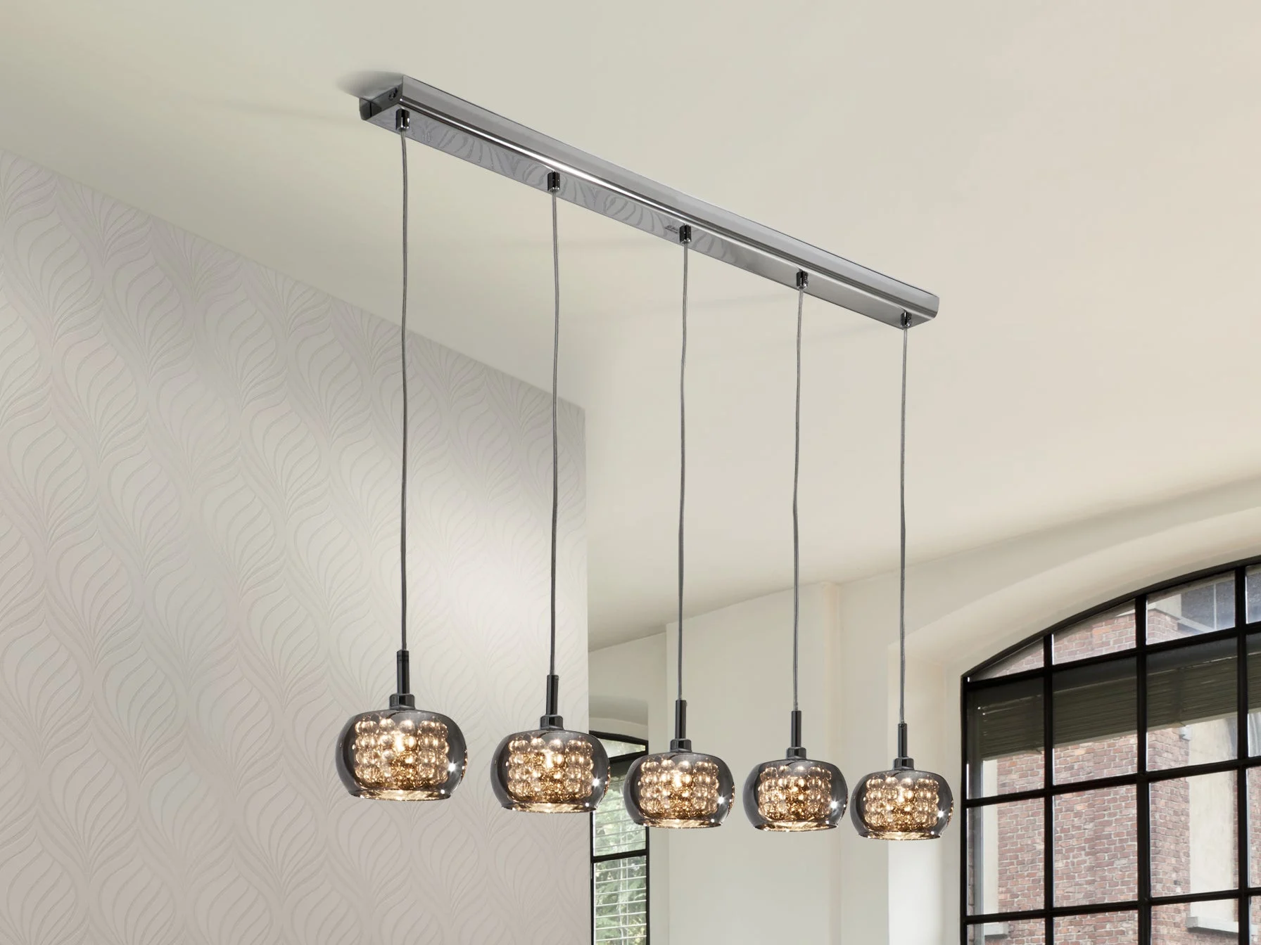 Lámpara de techo colgante Schuller Arián 5 luces brillo. espejado acero