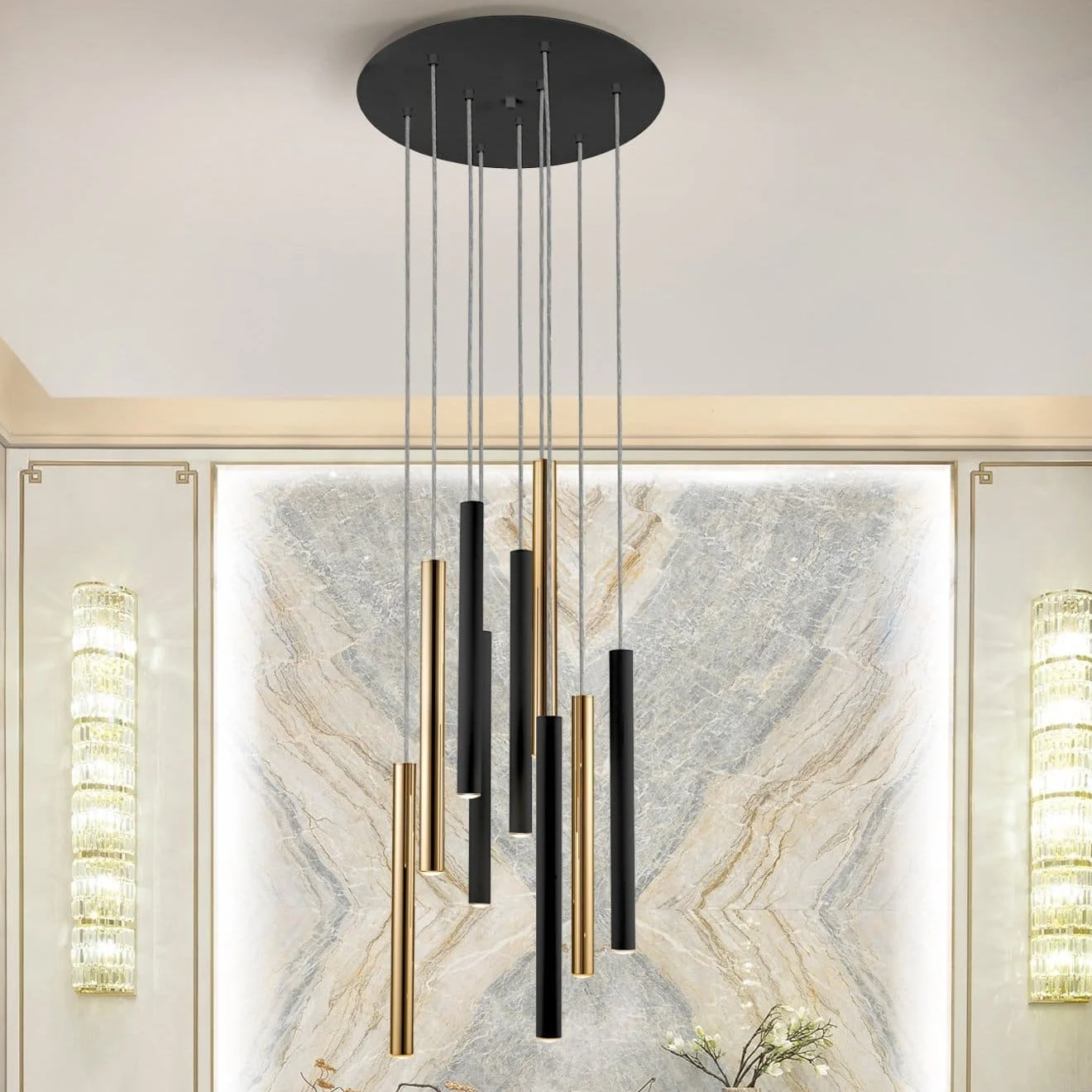 Lámpara de techo colgante Schuller Varas 9 luces oro brillo y negro 3000K Ø42cm