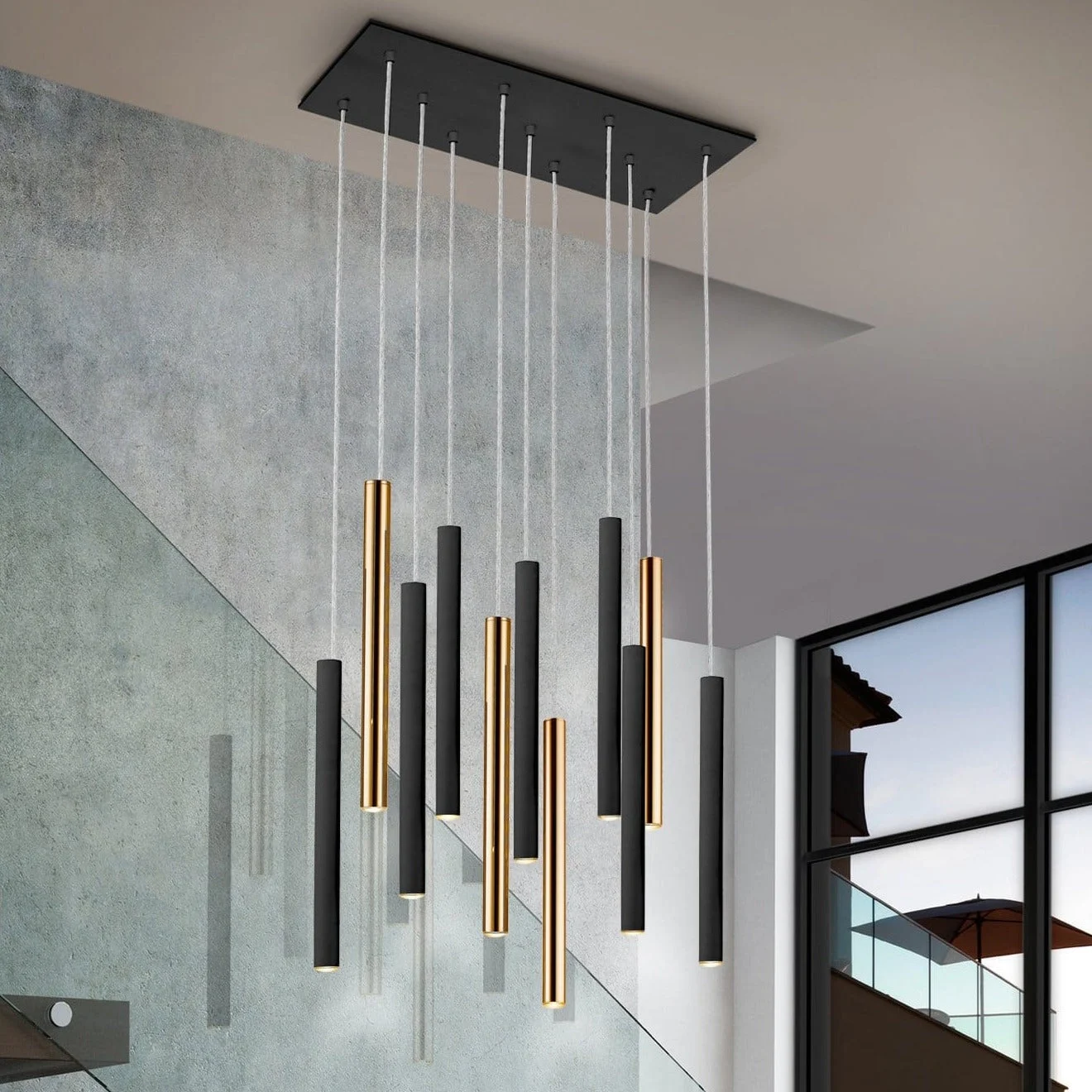 Lámpara de techo colgante Schuller Varas 11 luces oro brillo y negro 3000K