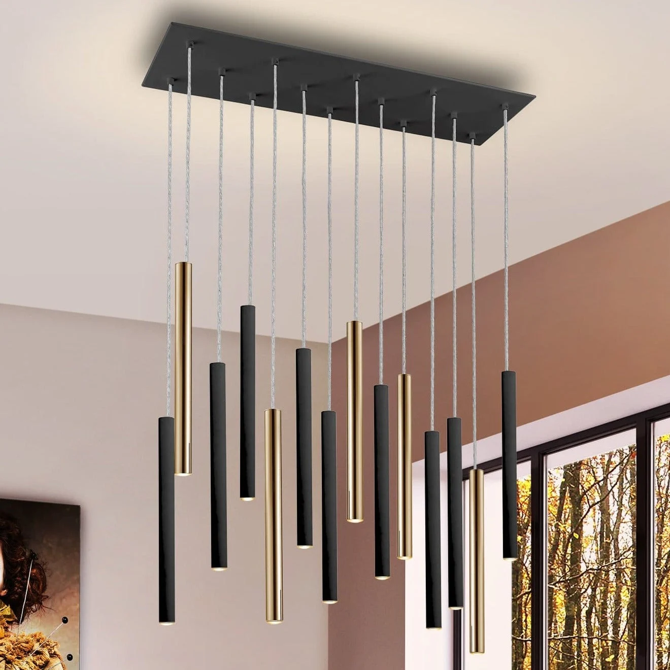 Lámpara de techo colgante Schuller Varas 14 luces oro brillo y negro 3000K