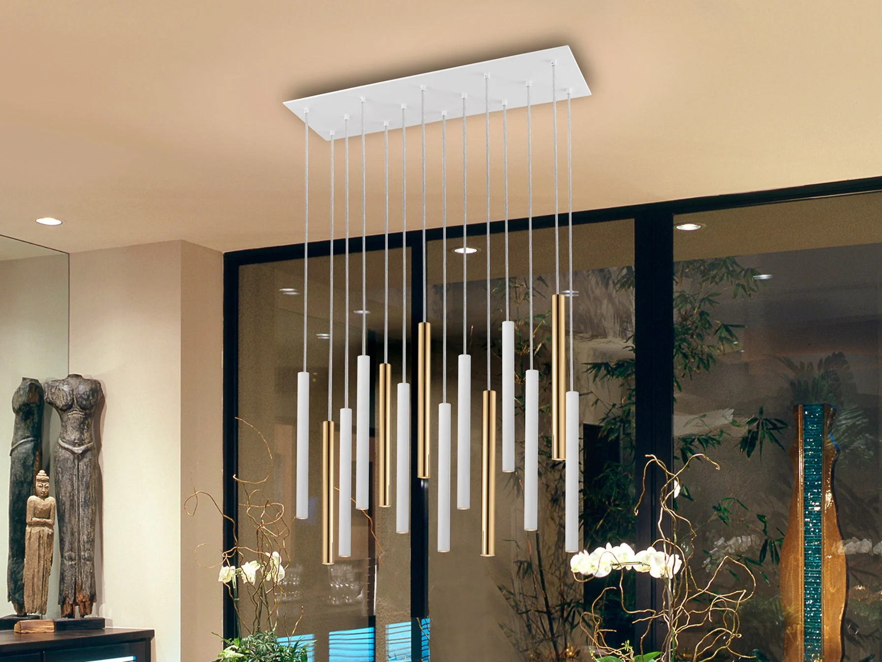 Lámpara de techo colgante Schuller Varas 14 luces oro brillo y blanco 3000K