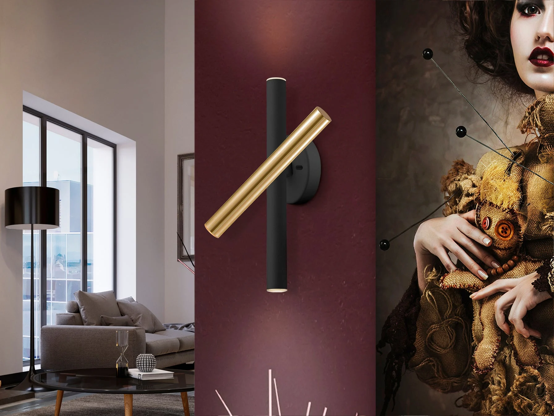 Lámpara aplique de pared Schuller Varas LED 3 luces oro brillo y negro 3000K