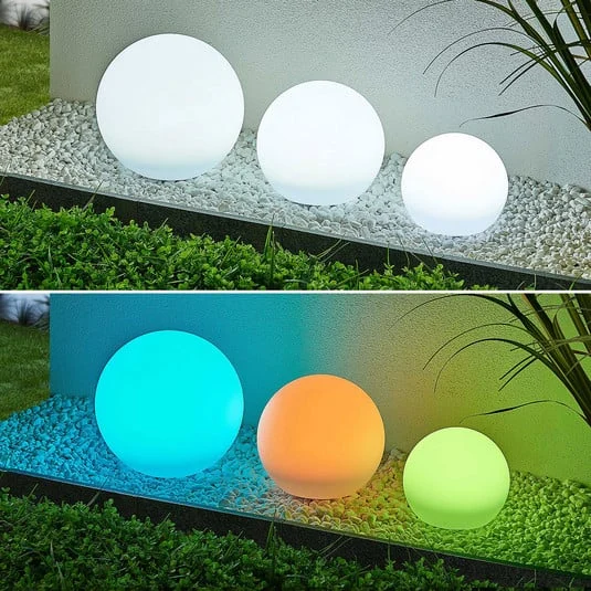 Lámparas LED solares Lindby Lago, RGBW, juego de 3, globos, pincho de suelo
