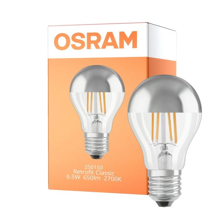 Osram Classic LED E27 Pera Con Filamento Mirror Plata 6.5W 650lm - 827 Luz Muy Cálida | Reemplazo 50W