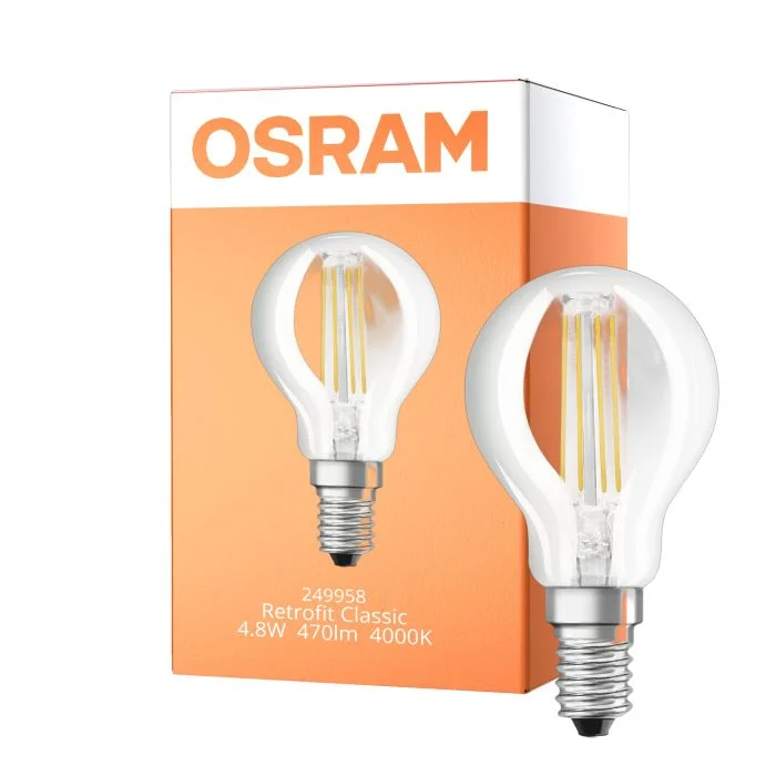 Osram Classic LED E14 Esférica Con Filamento Clara 4.8W 470lm - 840 Blanco Frio | Regulable - Reemplazo 40W