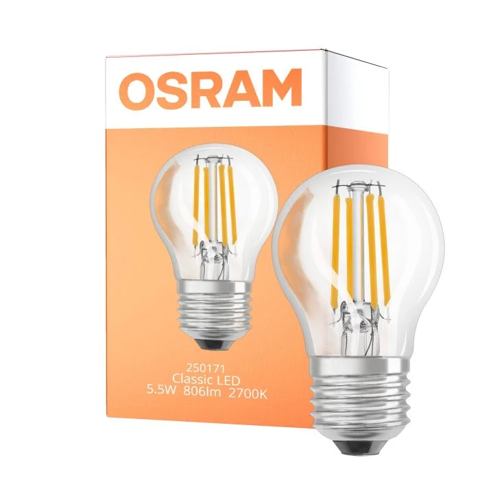 Osram Classic LED E27 Esférica Con Filamento Clara 5.5W 806lm - 827 Luz Muy Cálida | Reemplazo 60W