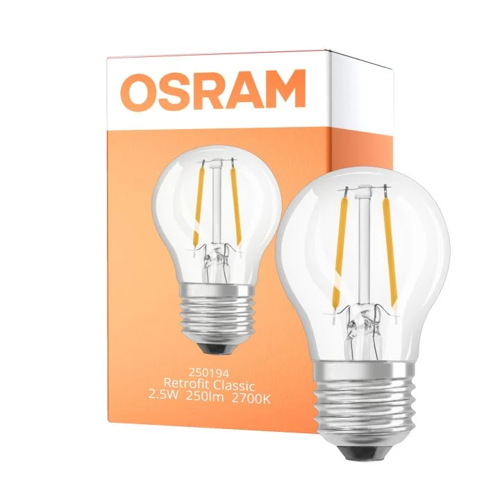 Osram Classic LED E27 Esférica Con Filamento Clara 2.5W 250lm - 827 Luz Muy Cálida | Reemplazo 25W