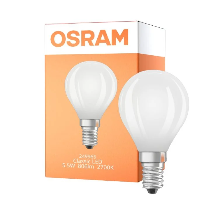 Osram Classic LED E14 Esférica Con Filamento Mate 5.5W 806lm - 827 Luz Muy Cálida | Regulable - Reemplazo 60W
