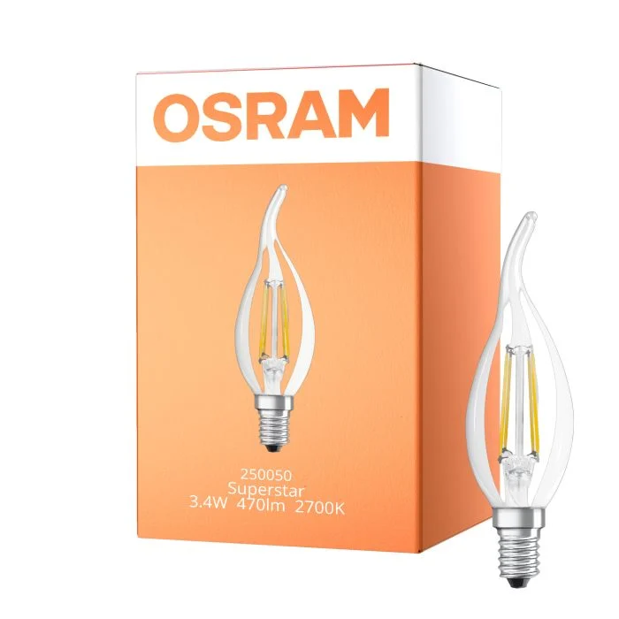 Osram LED Superstar E14 Doblado-tip candle Con Filamento Clara 3.4W 470lm - 927 Luz Muy Cálida | Mejor Reproducción De Color - Regulable - Reemplazo 40W