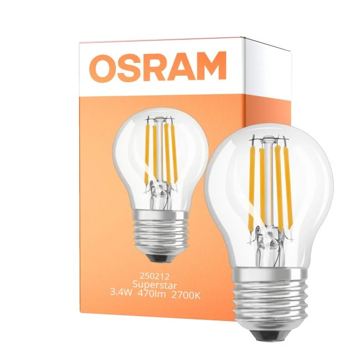 Osram LED Superstar E27 Esférica Con Filamento Clara 3.4W 470lm - 927 Luz Muy Cálida | Mejor Reproducción De Color - Regulable - Reemplazo 40W