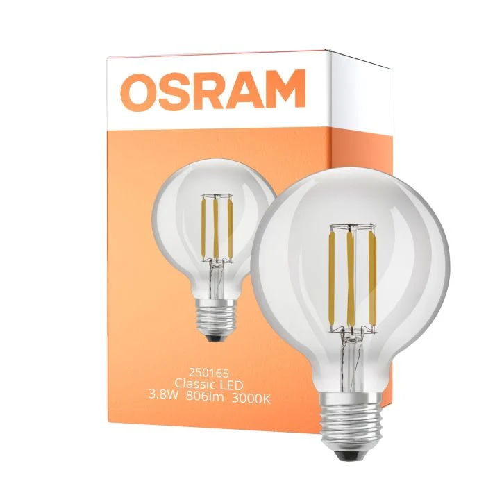 Osram Classic LED E27 Globe Con Filamento Clara 3.8W 806lm Ultra Efficiency - 830 Luz Cálida | Reemplazo 60W