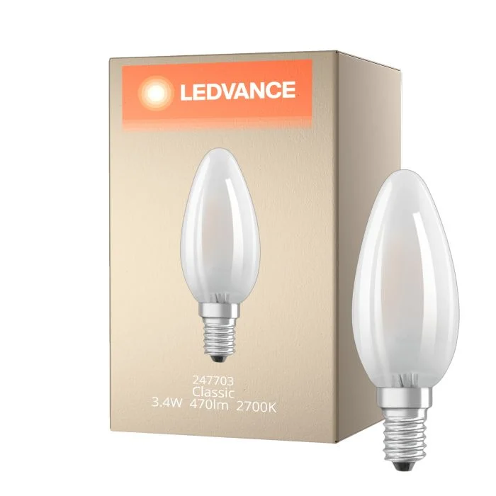 Ledvance Classic LED E14 Vela con Filamento Mate 3.4W 470lm - 927 Luz muy Cálida | Mejor reproducción de color - Regulable - Reemplazo 40W