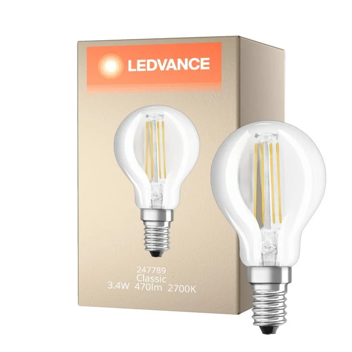 Ledvance Classic LED E14 Pera con Filamento Clara 3.4W 470lm - 927 Luz muy Cálida | Mejor reproducción de color - Regulable - Reemplazo 40W