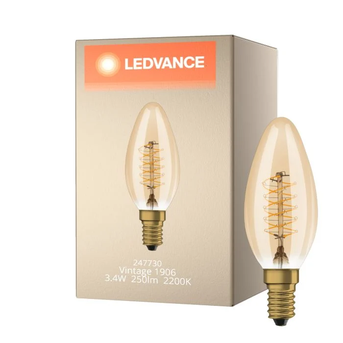 Ledvance Vintage 1906 LED E14 Vela Oro 3.4W 250lm - 822 Luz muy Cálida | Regulable - Reemplazo 25W