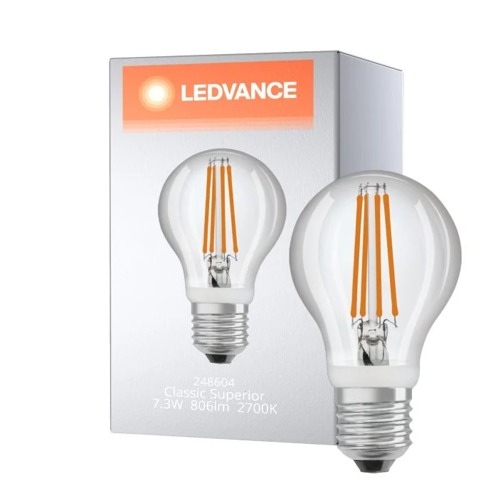 Ledvance Classic Superior LED E27 Pera con Filamento Clara 7.3W 806lm - 827 Luz muy Cálida | Reemplazo 60W