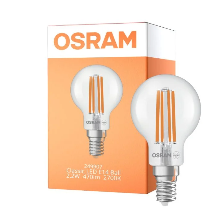 Osram Classic LED E14 Esférica Con Filamento Clara 2.2W 470lm - 827 Luz Muy Cálida | Reemplazo 40W