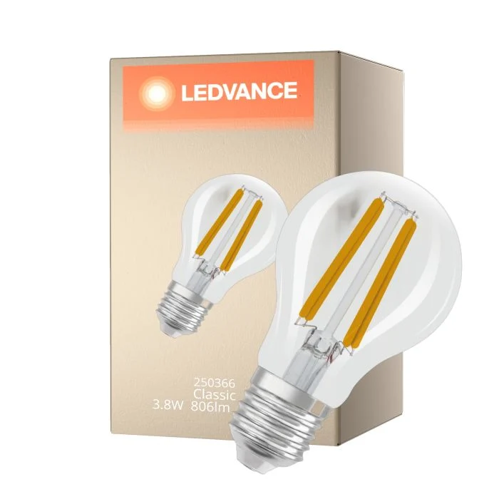 Ledvance Classic LED E27 Pera Con Filamento Clara 3.8W 806lm - 827 Luz Muy Cálida | Regulable - Reemplazo 60W