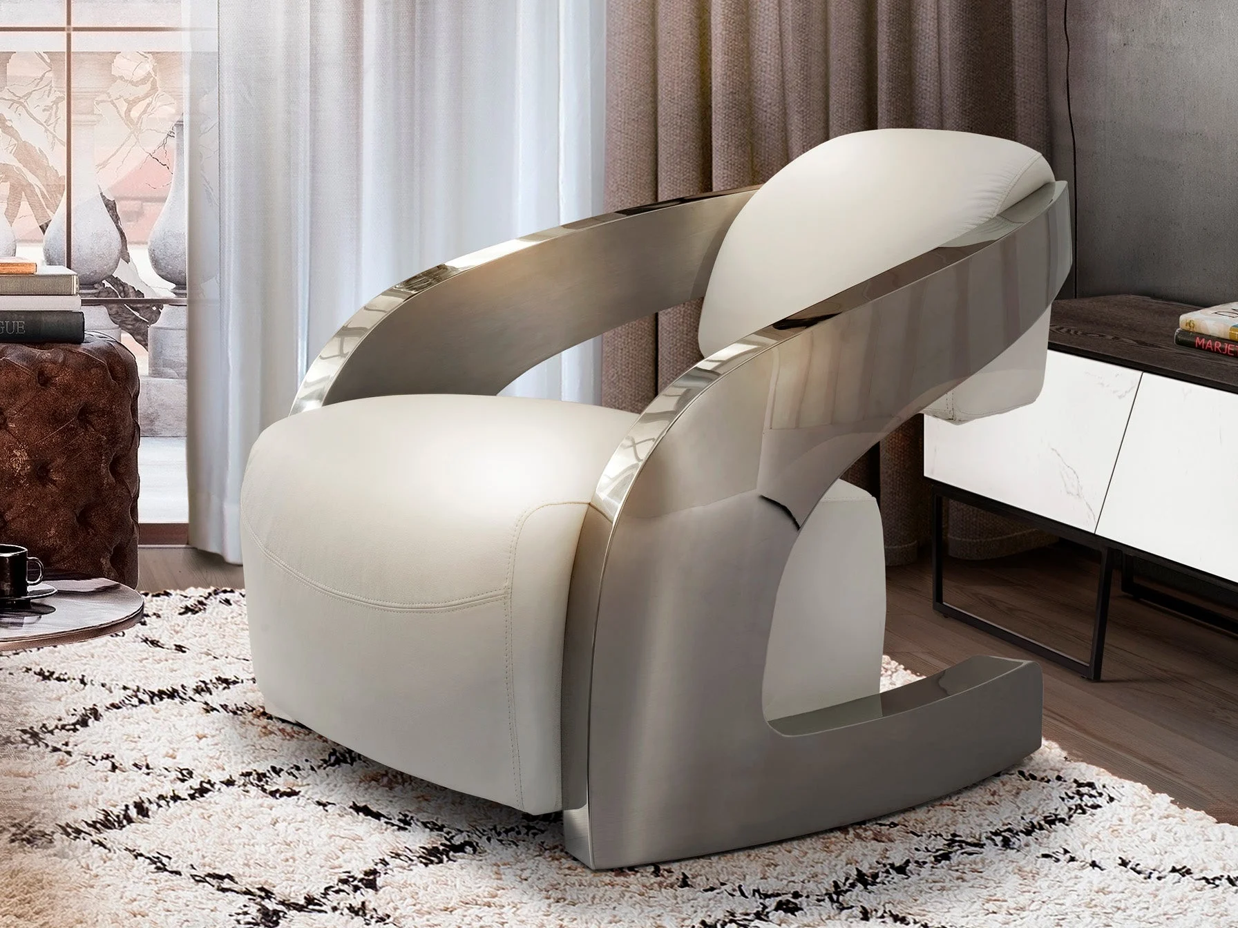 Sillón Schuller Amanda acero pulido y blanco piel y 85x73cm