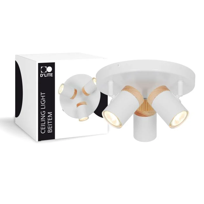 D'Lite Luz de techo Beitem Mate Blanco FSC Madera | Apta Para 3x GU10