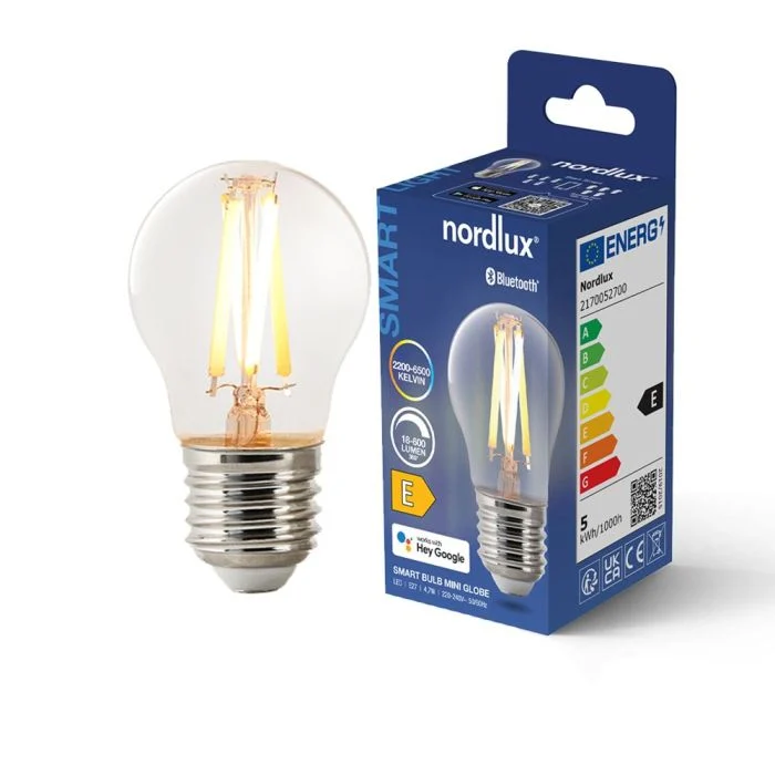 Nordlux Smart LED E27 Esférica con Filamento Clara 4.7W 600lm 360D - 822-865 Ajustable Blanco | Regulable