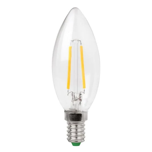 Bombilla vela LED E14 3W filamento transparente, blanco cálido