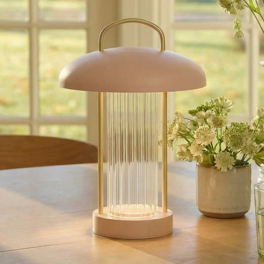 Lámpara de mesa LED recargable Mirano, rosa empolvado, altura 29 cm, metal