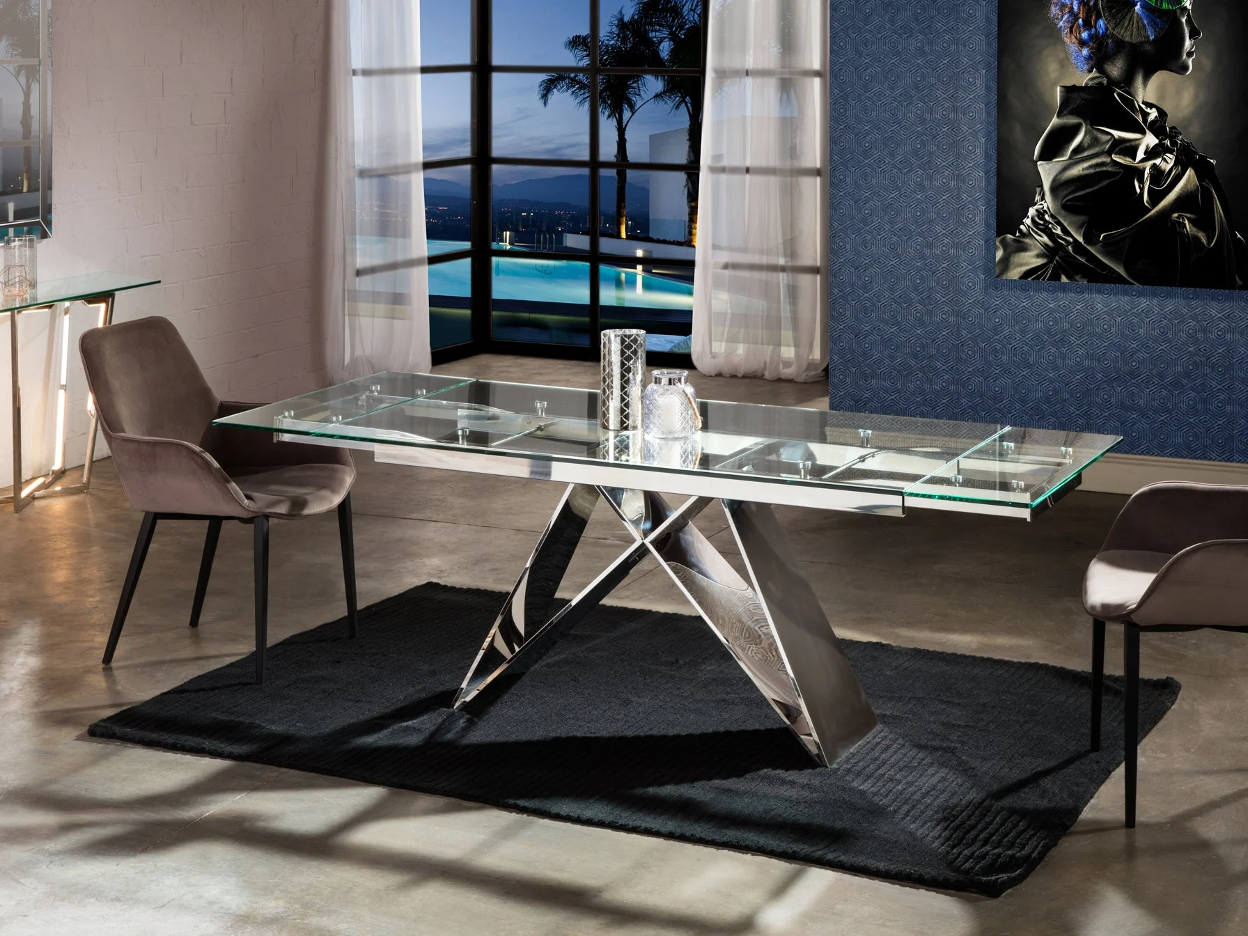 Mesa de comedor Schuller Mika alto brillo acero inoxidable extensible 160x75cm