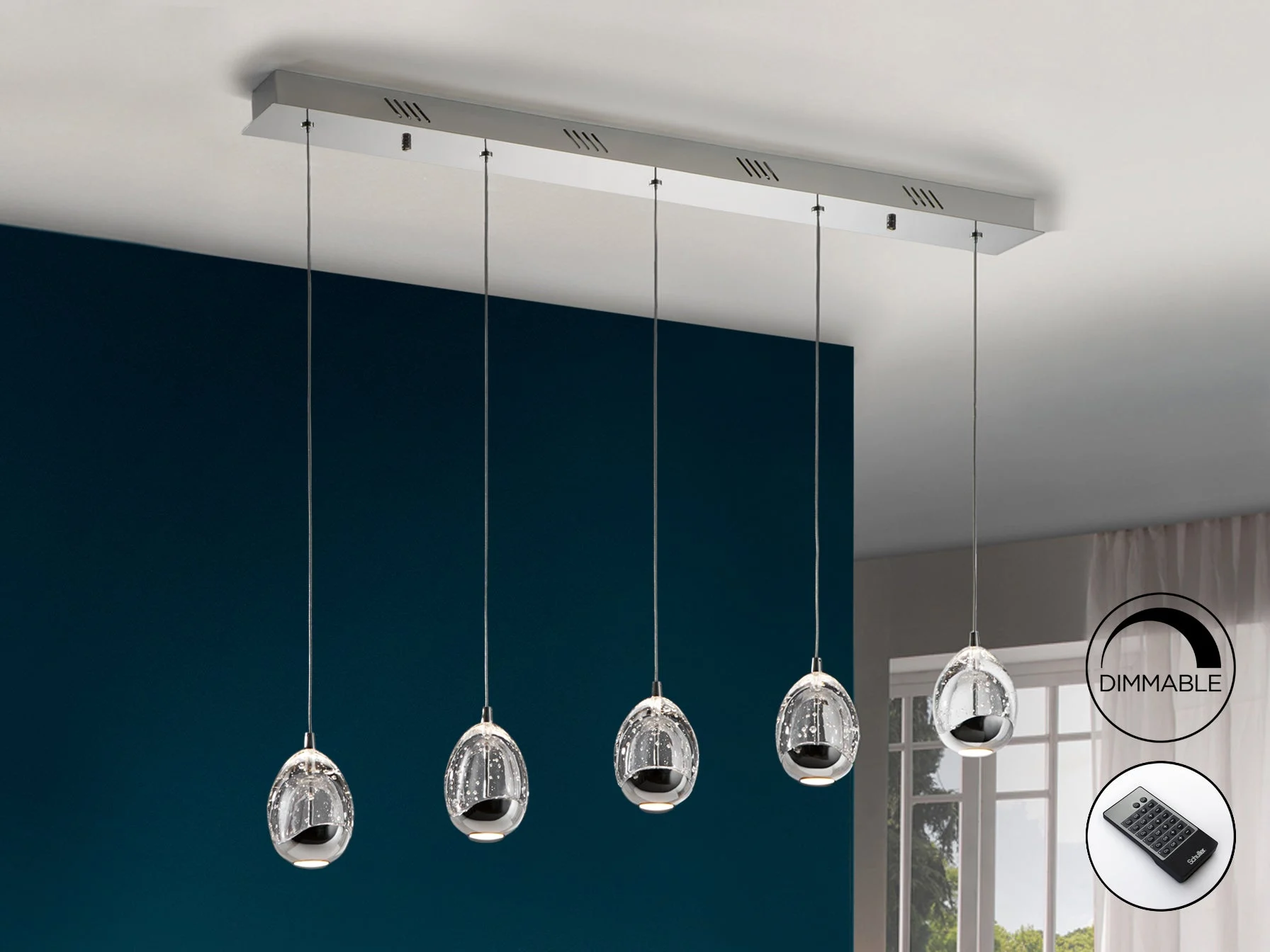 Lámpara de techo colgante Schuller Rocío 5 luces cromo 3000K regulable con mando 783618D