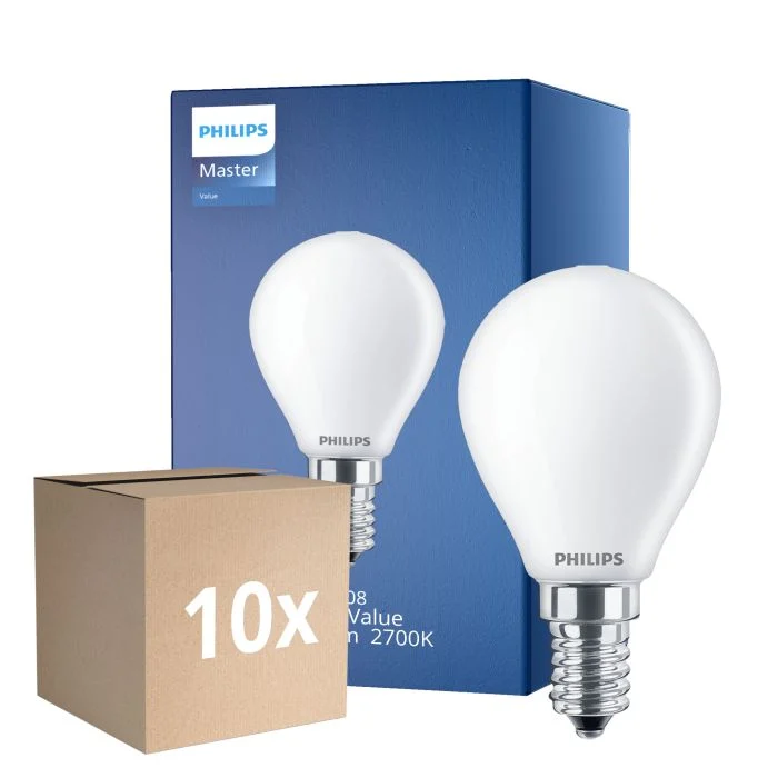 Multipack 10x Philips Master Value LED Lustre E14 Esférica Mate 3.4W 470lm - 927 Luz muy Cálida | Mejor reproducción de color - Regulable - Reemplazo 40W
