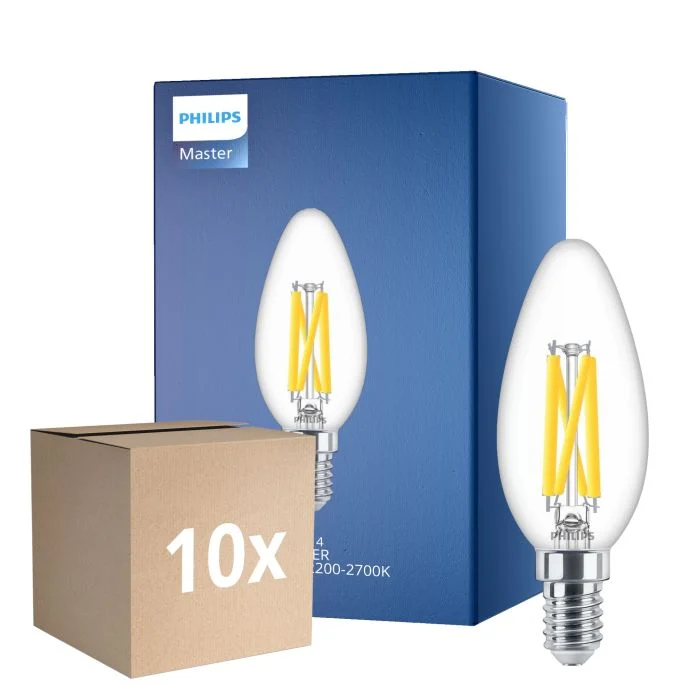 Multipack 10x Philips MASTER LED E14 Vela Con Filamento Clara 5.9W 806lm - 922-927 Dim To Warm | Mejor Reproducción De Color - Regulable - Reemplazo 60W