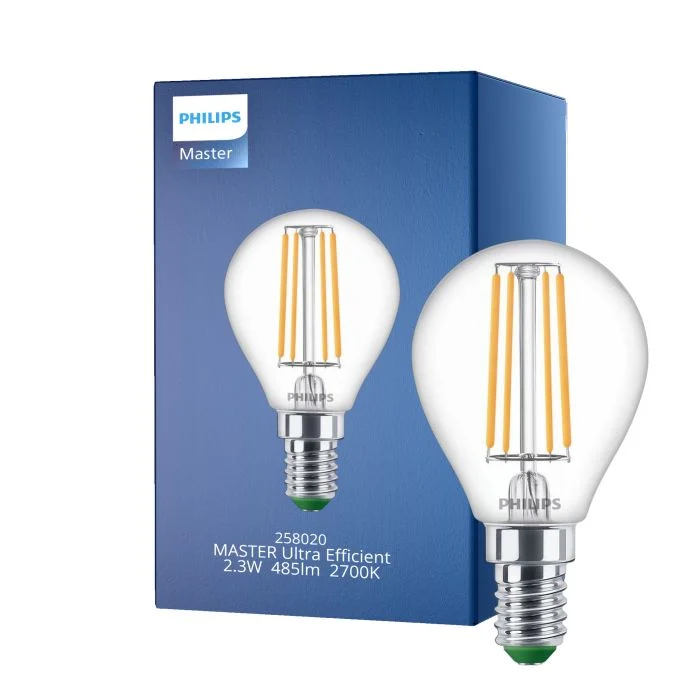 Philips Master Ultra Efficient LED E14 Pera Con Filamento Clara 2.3W 485lm - 827 Luz Muy Cálida | Reemplazo 40W