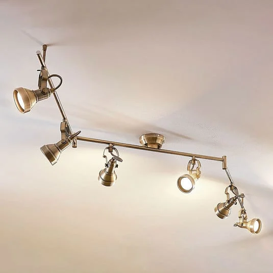 Lámpara de techo Lindby Perseas, 180 cm, 6 luces, latón antiguo, GU10