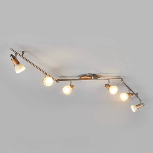 Plafón Lindby Marena, 6 luces, cristal, madera, 180 cm de largo