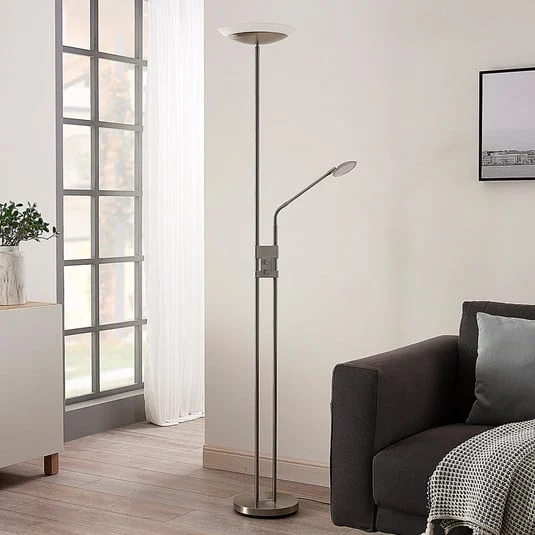 Lámpara de pie LED Jonne de Lindby, redonda, brazo de lectura, atenuable, 180 cm