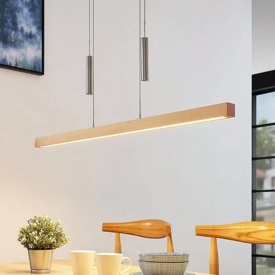 Lámpara colgante LED Lucande Pia, madera de haya, 100 cm, 2090 lm