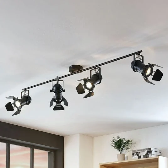 Downlight Lindby Tilen, 4 luces, negro, metal, 125 cm