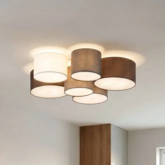 Plafón Lindby Laurenz, 6 luces, gris/marrón, textil