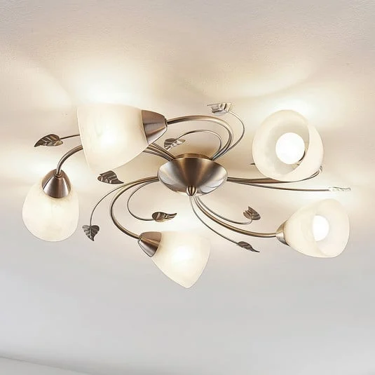 Plafón Lindby Yannie, 5 luces, 60cm, níquel/blanco, cristal