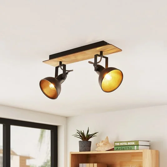 Lámpara de techo Lindby Aylis, 2 luces, 40 cm, negra, madera, E14