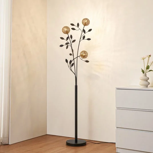 Lucande Evory lámpara de pie, 160 cm, 3 luces, negro/oro, G9