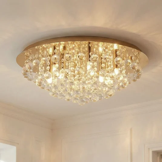 Plafón Lindby Gillion, 8 luces, dorado, cristal, Ø 55cm