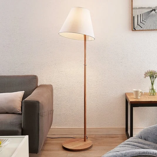 Lucande lámpara de pie Jinda, blanco, madera, tela, 160 cm, E27