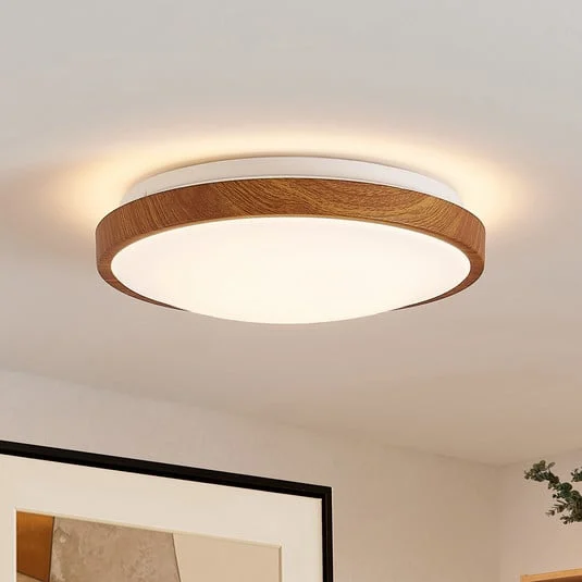Plafón LED Lindby Mynte, Ø30 cm, aspecto de madera, plástico