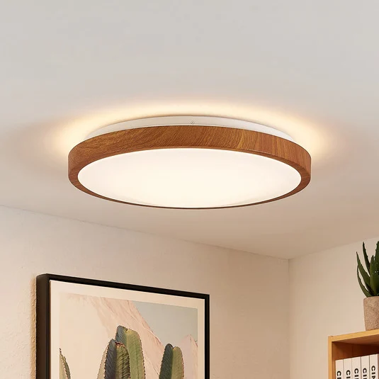 Plafón LED Lindby Mynte, Ø42 cm, aspecto de madera, plástico