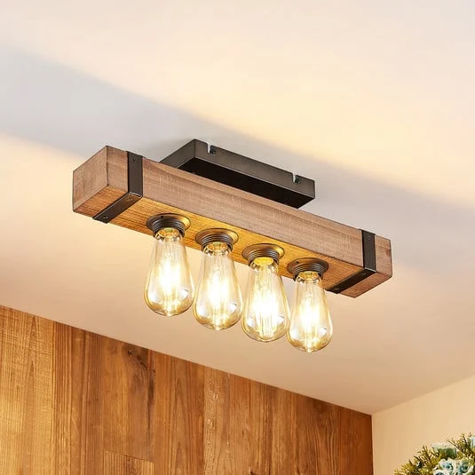 Plafón Lindby Sverina, 46 cm, marrón, madera, metal