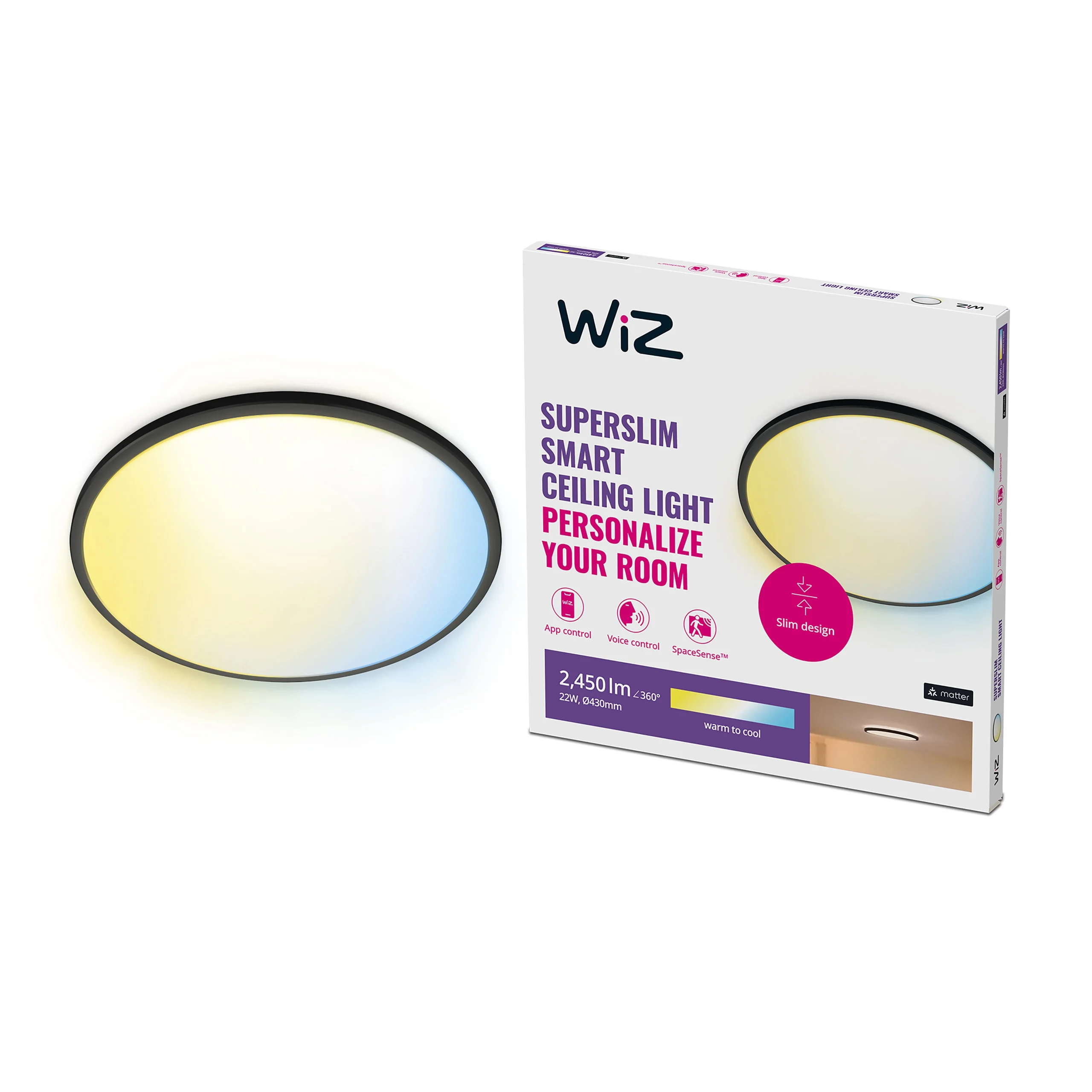 WiZ White Ambiance Plafón SuperSlim Negro 22W 2450lm